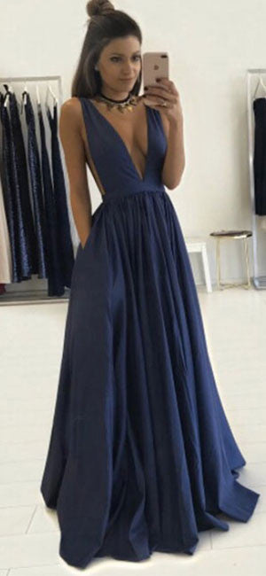 Simple v neck dark  blue  long prom  dress  evening dress  