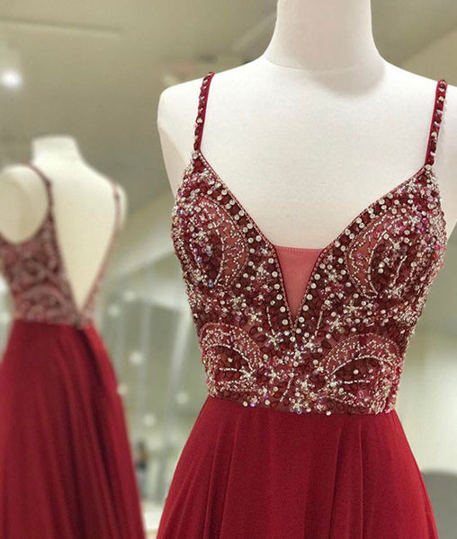 Unique sequin beads burgundy long prom dress, formal dress – shdress