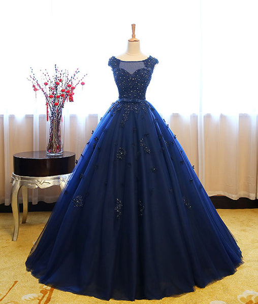 Dark blue tulle lace long prom dress, dark blue sweet 16 dress – shdress