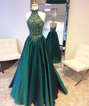 Green high neck long prom dress, green evening dress – shdress