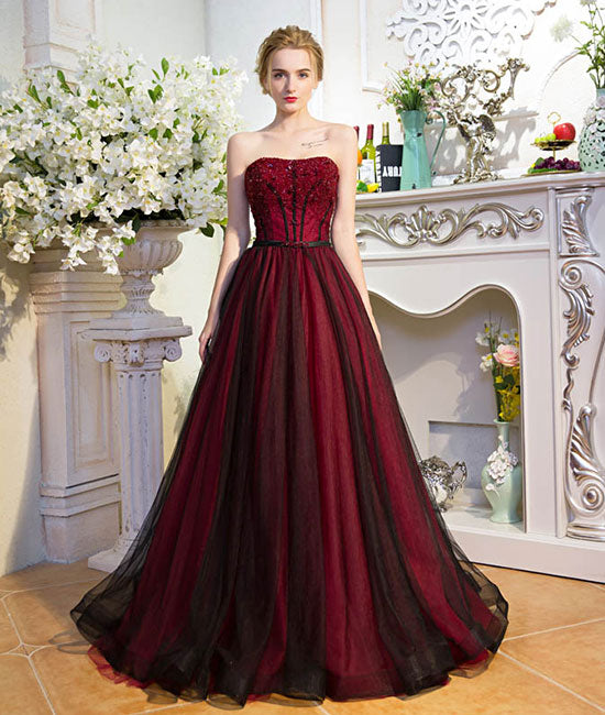 Unique burgundy tulle long prom dress, burgundy evening dress – shdress