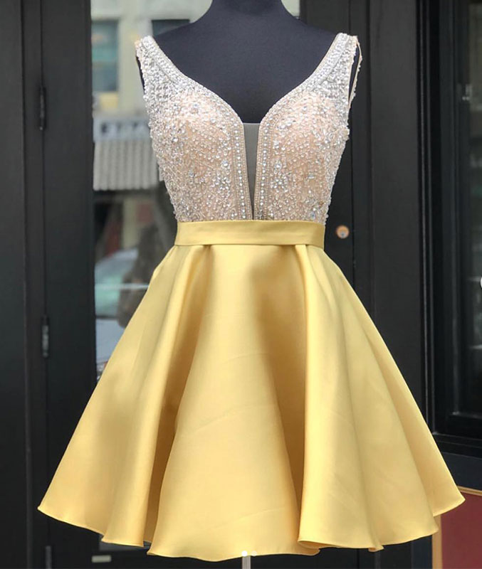 Yellow v neck sequin short prom dress 