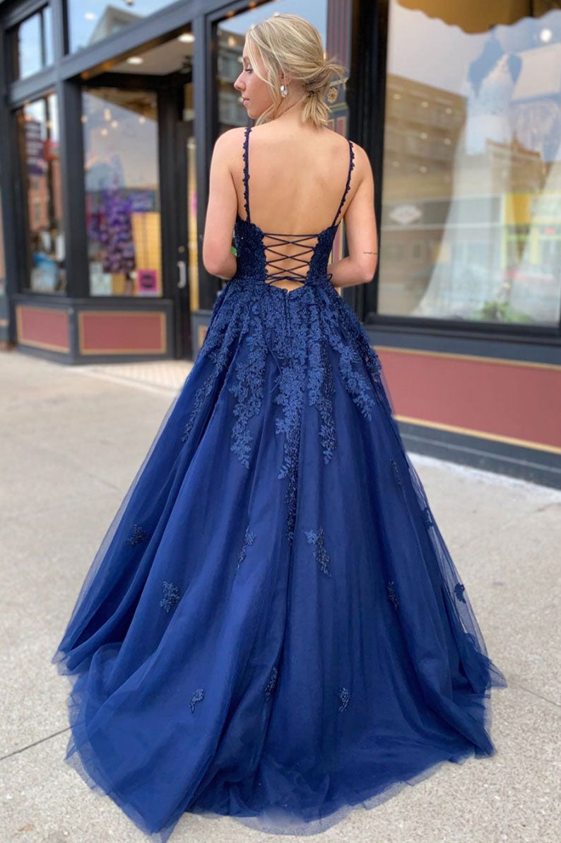 Blue lace tulle long prom dress blue lace formal dress – shdress