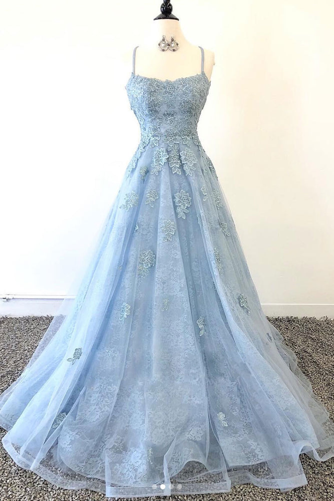 Blue tulle lace long prom dress, blue tulle lace evening dress – shdress