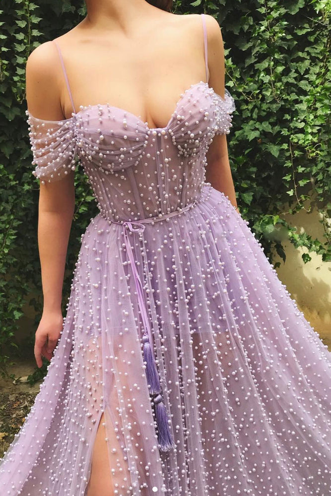 Purple sweetheart off shoulder tulle beads long prom dress – shdress