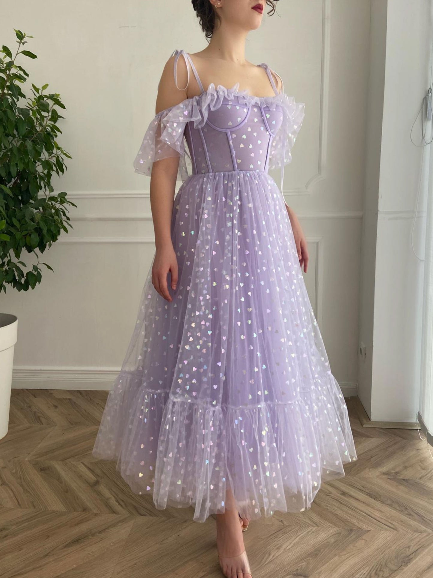 Purple tulle tea length prom dress, purple evening dress – shdress