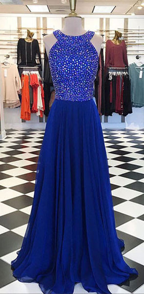 Royal blue round neck long prom dress, blue evening dress – shdress