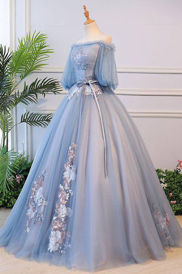 Unique blue tulle lace long prom dress, blue evening dress – shdress