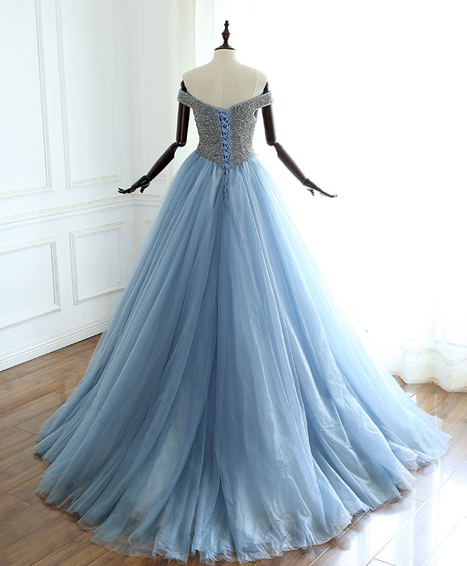 Unique gray blue tulle beads long prom dress, blue evening dress – shdress