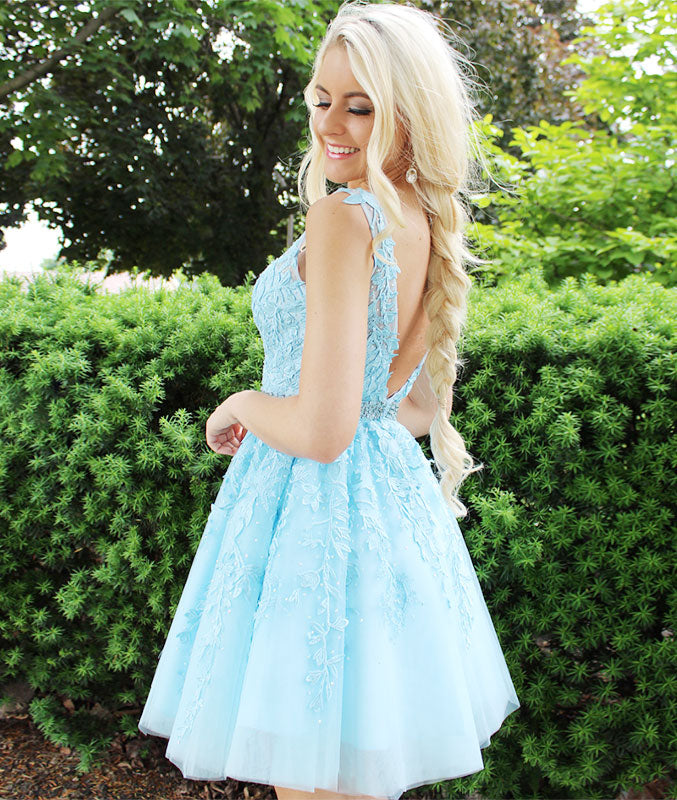 Blue v neck tulle lace short prom dress, blue tulle homecoming dress ...