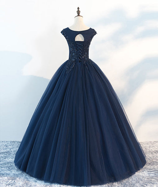 Dark blue round neck tulle lace long prom dress, blue tulle lace eveni ...