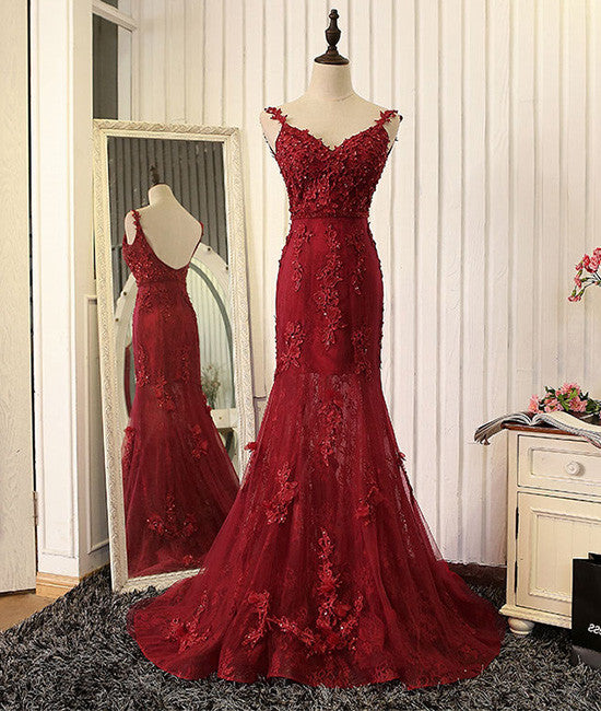 Red v neck lace mermaid long prom dress, red evening dress – shdress