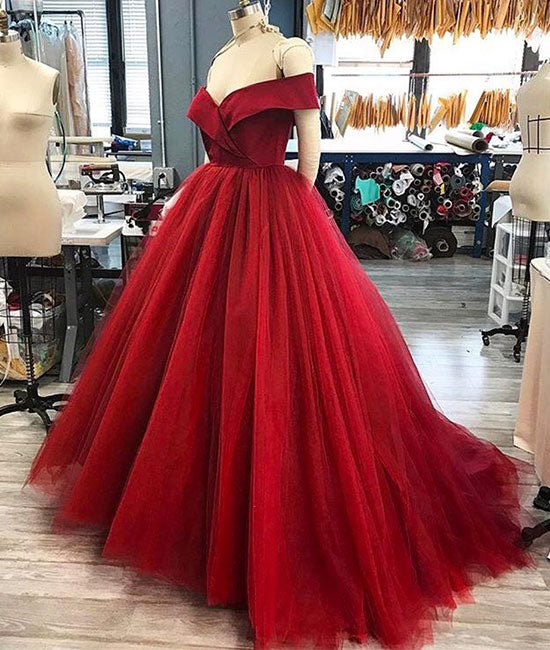 red off the shoulder ball gown