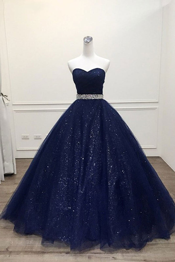 Dark blue sweetheart tulle long prom dress, blue tulle formal dress ...