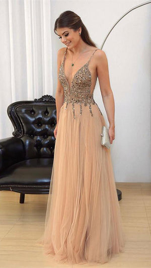 Champagne v neck sequin tulle long prom dress, evening dress – shdress