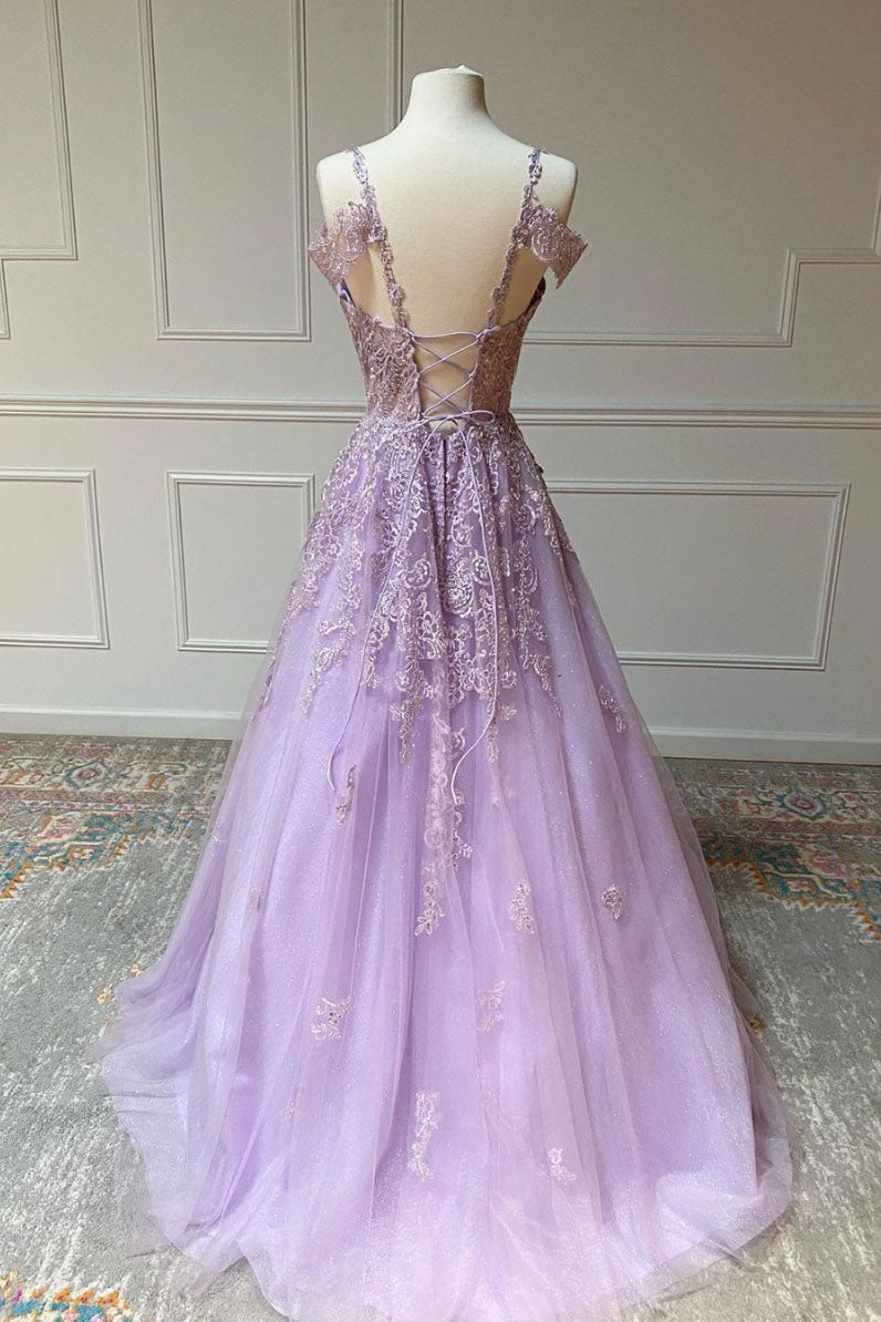 Purple v neck tulle lace long prom dress purple lace formal dress – shdress