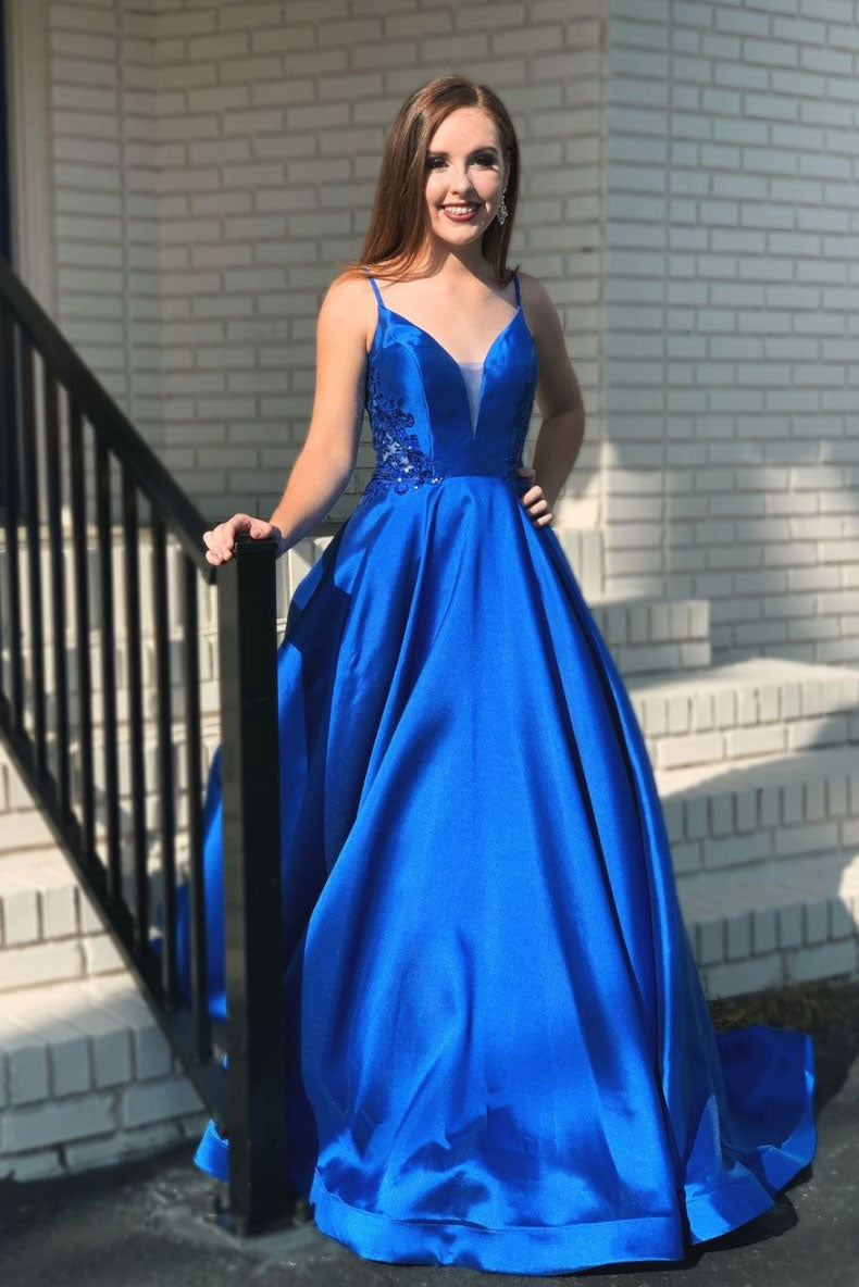 Blue v neck satin long prom dress blue evening dress – shdress