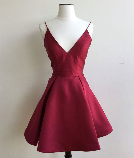 Simple v neck burgundy short prom dress, burgundy homecoming dress ...