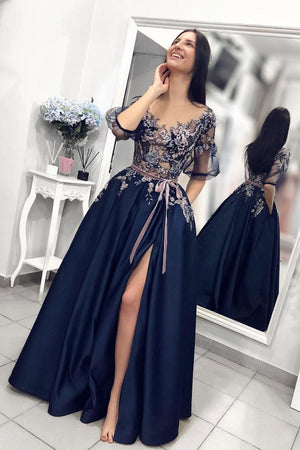 blue evening dresses with sleeves