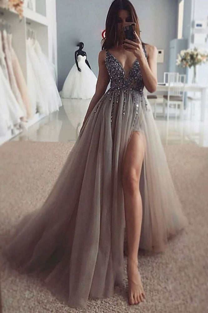 Gray Tulle Lace Formal Dress Gray Tulle Lace Long Prom Dress Shdress