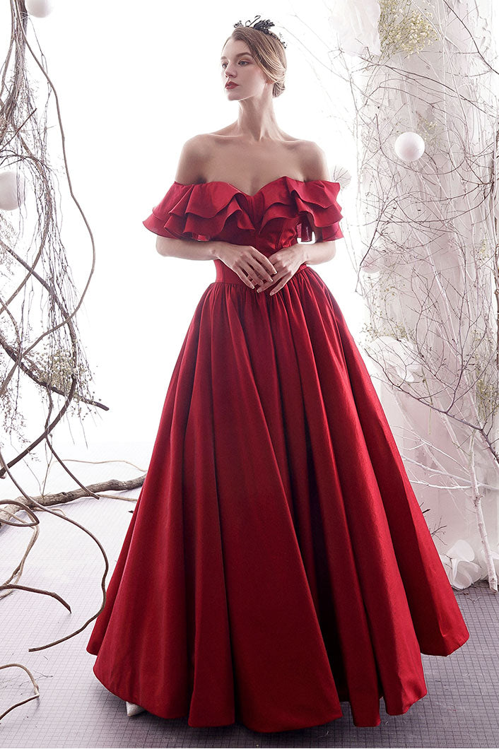 Simple red sweetheart satin long prom dress red bridesmaid dress – shdress