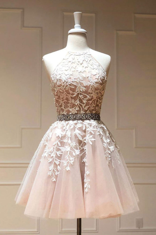 Champagne tulle lace short prom dress champagne homecoming dress – shdress