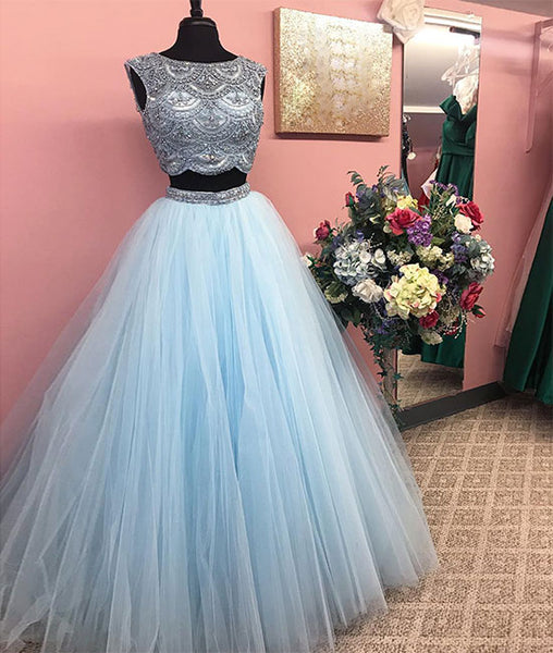 Blue beads tulle long prom dress, blue evening dress – shdress