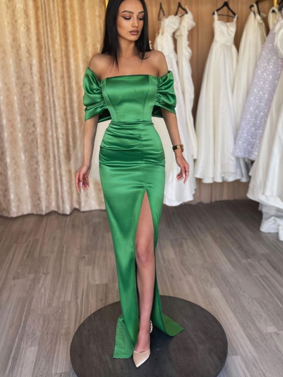 Green off shoulder mermaid long prom dress, green satin evening dress –  shdress