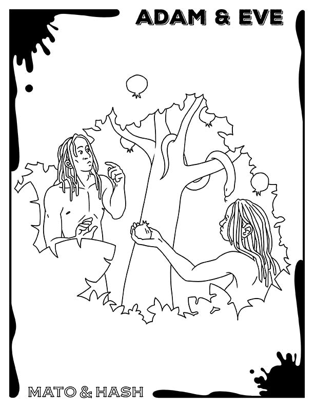 Mato & Hash Bible coloring page printout depicting Adam and Eve in the Garden of Eden eating fruits from the forbidden tree of knowledge