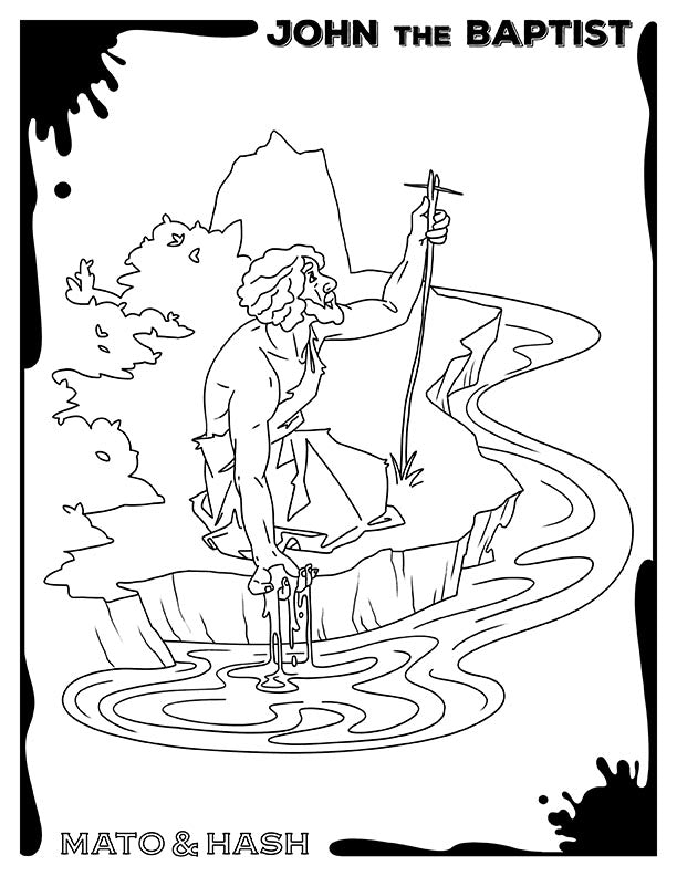 Mato & Hash Bible coloring page printout showing John the Baptist kneeling by the river with his staff