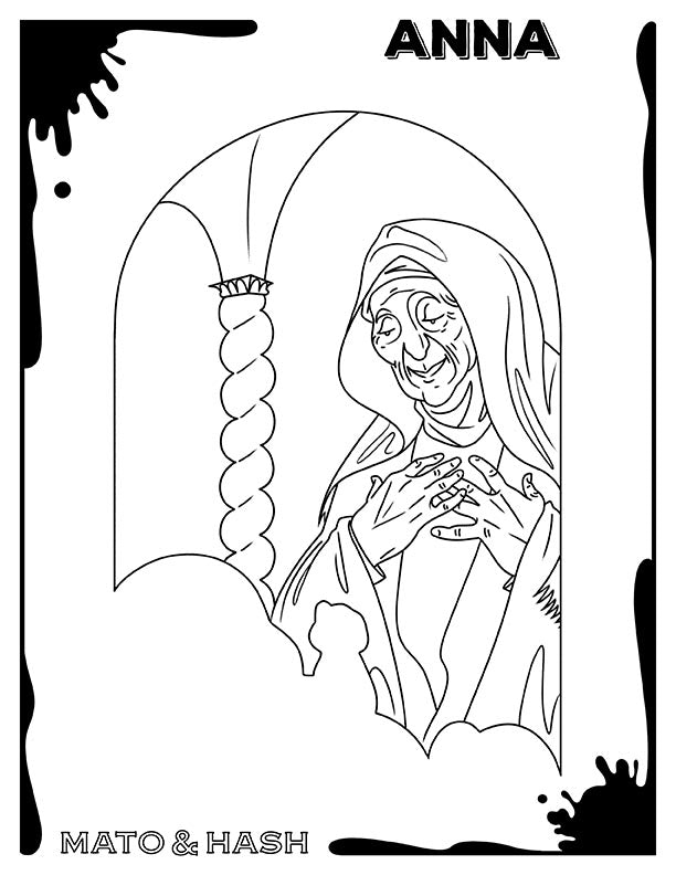 Mato & Hash Bible coloring page printout showing the prophetess Anna as she recognizes the infant Jesus at the temple of Solomon