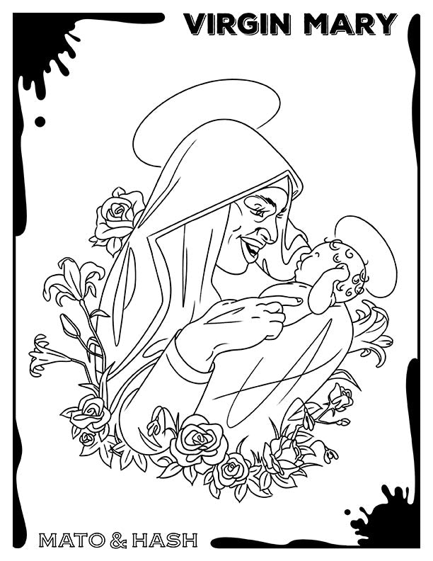 Mato & Hash Bible coloring page printout of the Virgin Mary cradling baby Jesus surrounded by flowers, Madonna of roses style