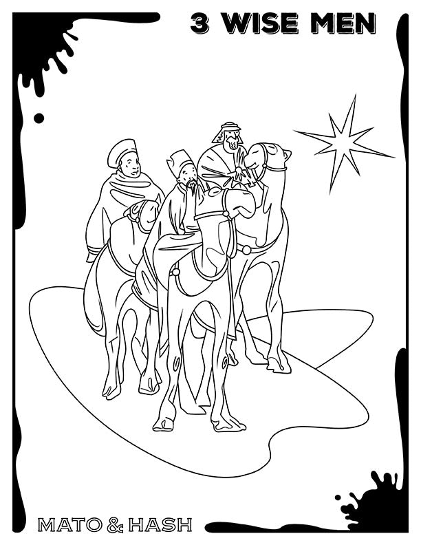 Mato & Hash Bible coloring page printout showing the Three Wise Men or Three Magi traveling on camels through the desert on their way to greet the infant Jesus