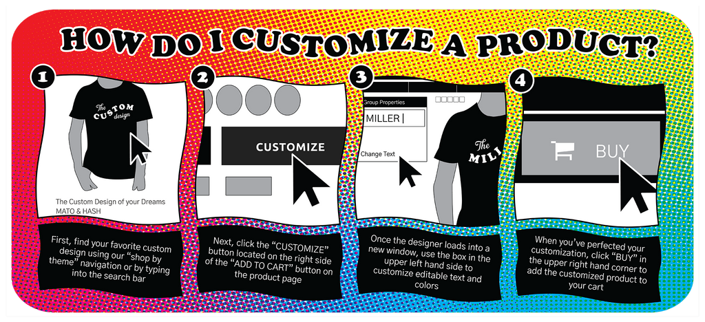 Mato & Hash product customization instructions for web; 1. First, find your favorite custom design using our “shop by theme” navigation or by typing into the search bar. 2. Next, click the “CUSTOMIZE” button located on the right side of the “ADD TO CART” button on the product page.  3. Once the designer loads into a new window, use the box in the upper left hand side to customize editable text and colors.  4. When you’ve perfected your customization, click “BUY” in the upper right hand corner to add the customized product to your cart