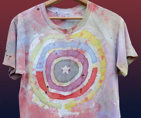 original hippie era vintage tie dye anti war protest shirt with circle shield and star design