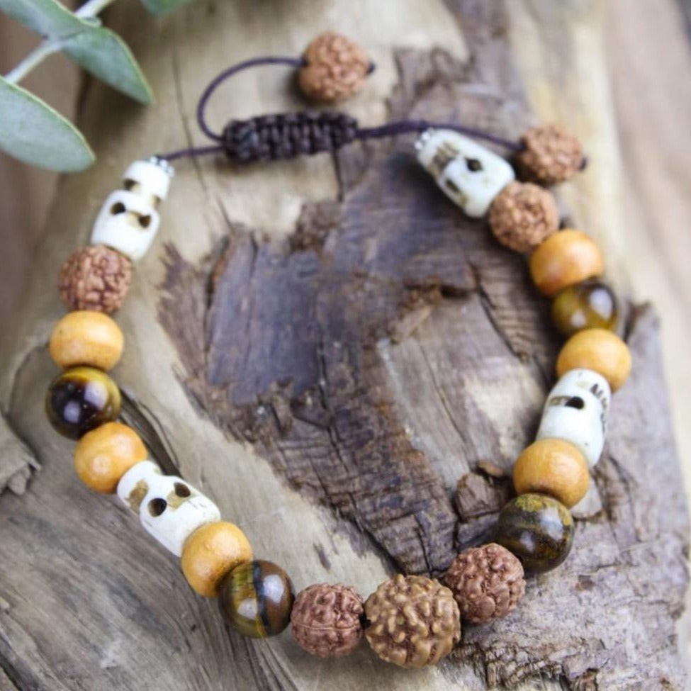 Calm Understanding Tiger Eye and Skull Mala Beads Necklace - DharmaShop