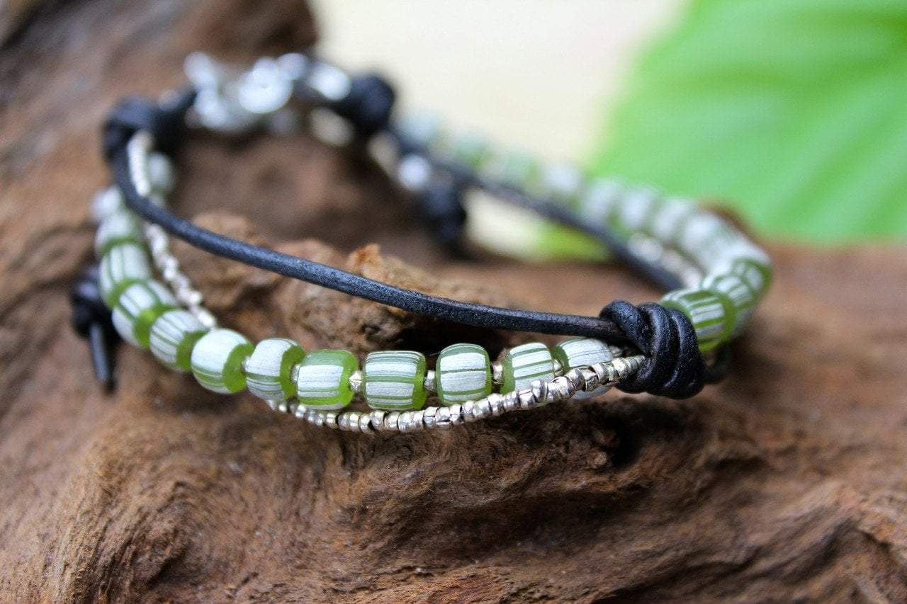 Hand Painted Green Glass and Thai Silver Beaded Bracelet - DharmaShop