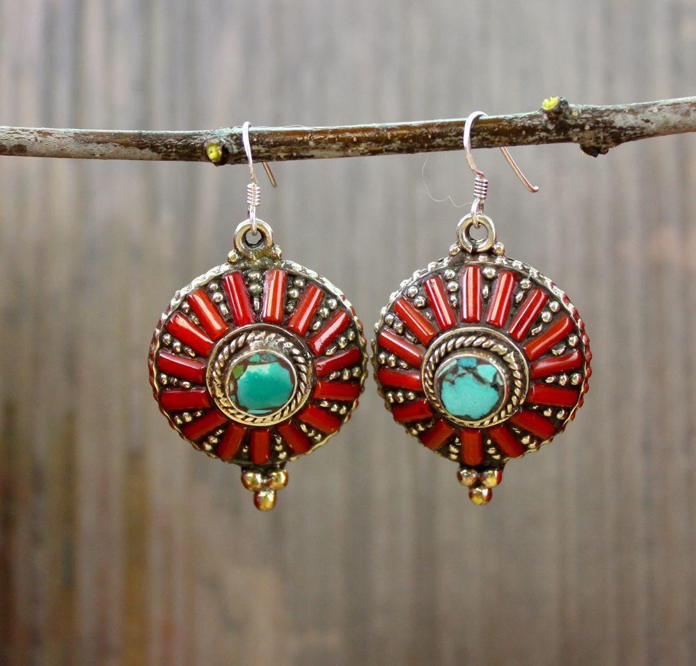 Traditional Silver Coral Turquoise Earrings - DharmaShop