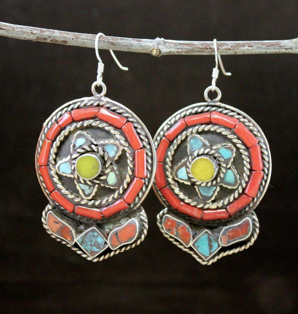 Traditional Tibetan Copal Turquoise Coral Earrings - DharmaShop