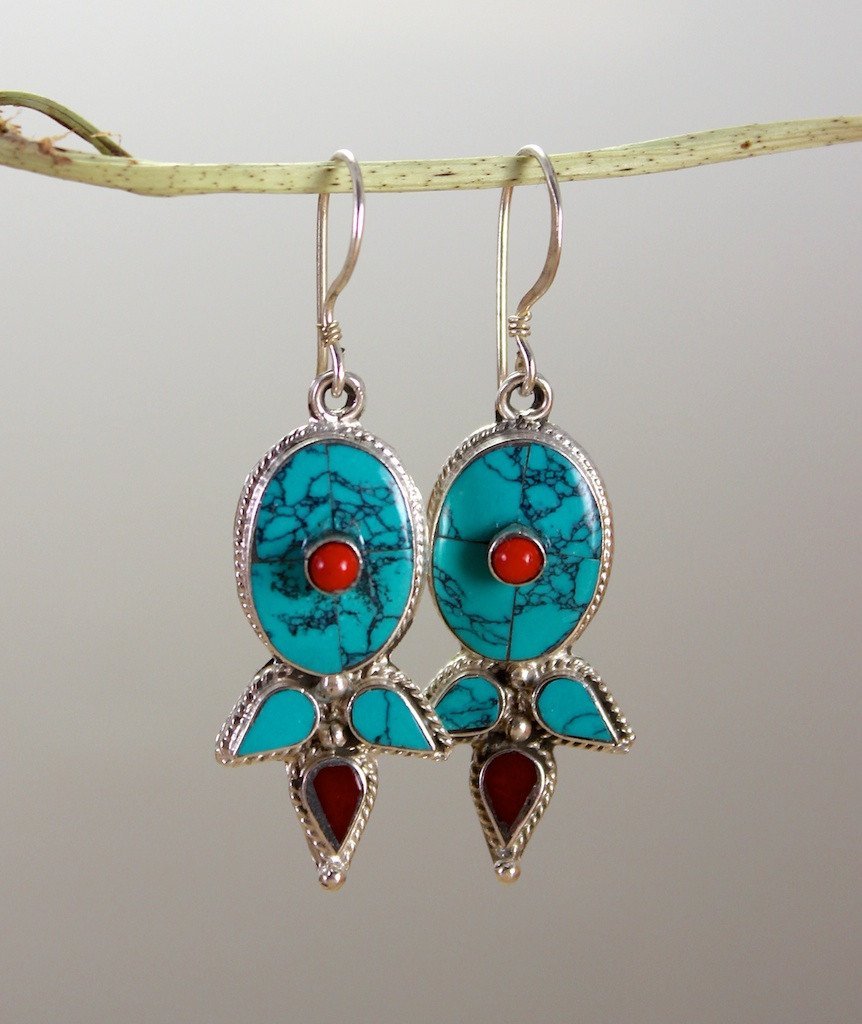 Traditional Turquoise and Coral Earrings - DharmaShop