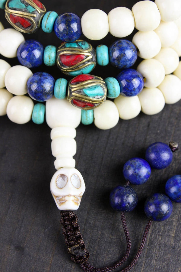 108 Bead Yak Bone Mala with Lapis and Traditional Tibetan Beads ...