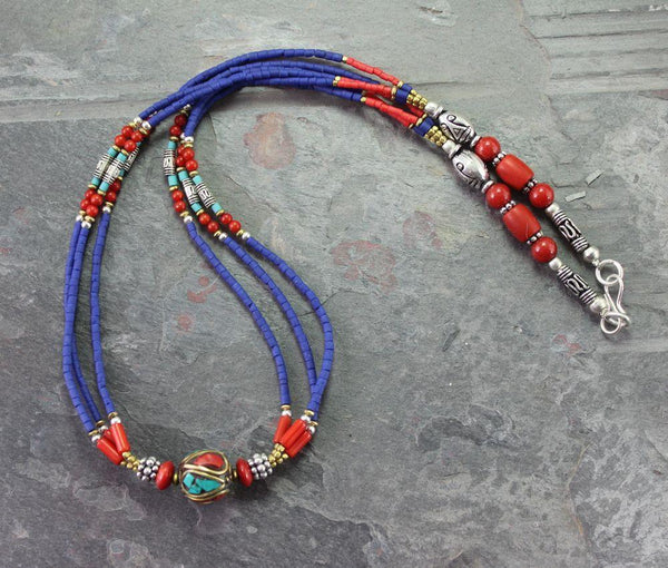 Tibetan Traditional Beaded Necklace Lapis - DharmaShop