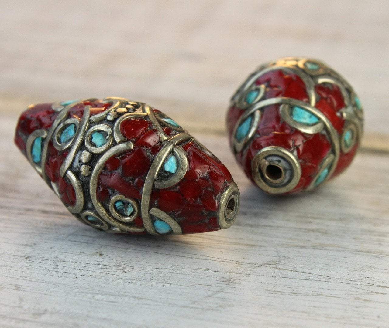 Handmade Tibetan Bead - Turquoise, Red Stone and Brass Tapered Cyclind –  Craft de Ville