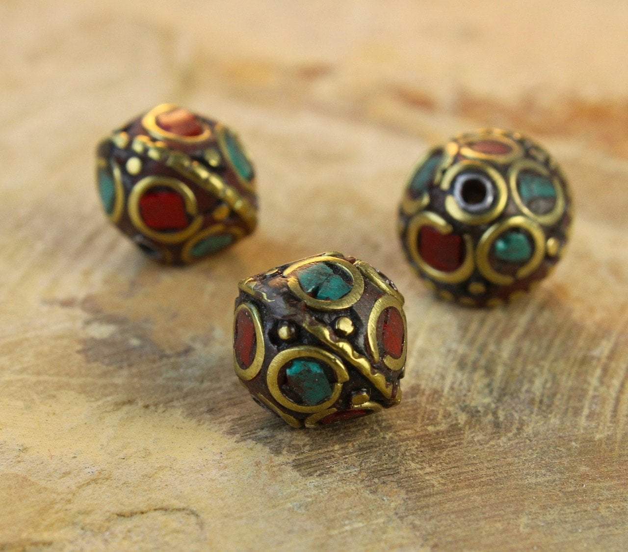 Handmade Tibetan Bead - Turquoise, Red Stone and Brass Tapered Cyclind –  Craft de Ville