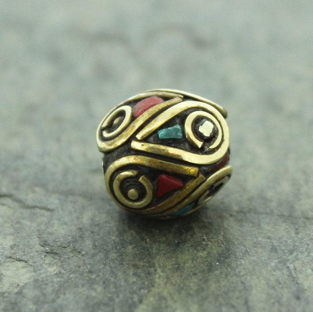 Handmade Tibetan Bead - Turquoise, Red Stone and Brass Tapered Cyclind –  Craft de Ville