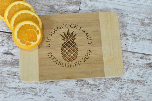 Tropical Bamboo Surfboard Shaped Cutting Board: Pineapple Stamp