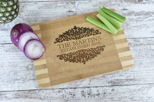 Tropical Bamboo Surfboard Shaped Cutting Board: Pineapple Stamp