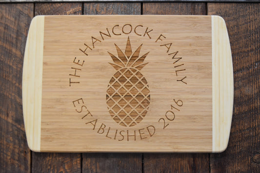 Tropical Bamboo Surfboard Shaped Cutting Board: Pineapple Stamp