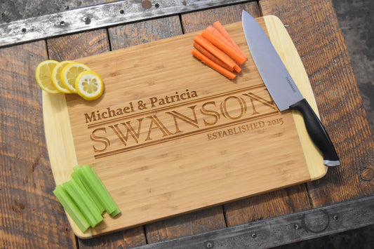 Personalized Bamboo Cutting Board Pineapple, Family Name, Established Year (or Date) in Circle - Medium