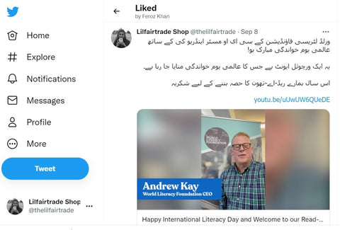 Twitter Post in Urdu for International Literacy Day 2021 with Sabeena Z Ahmed